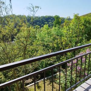 a balcony with a view of trees and bushes at le gîte des remparts in Aywaille