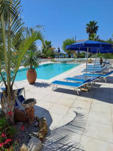 a swimming pool with lounge chairs and an umbrella at agriturismo heaven trilocale 2 in Ricadi