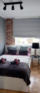 1 dormitorio con 2 camas y ventana en Apartament Rodzinny Przy AquaParku, en Reda