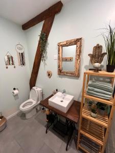 a bathroom with a sink and a toilet at Gîte "Le Voyageur" in Chamblet