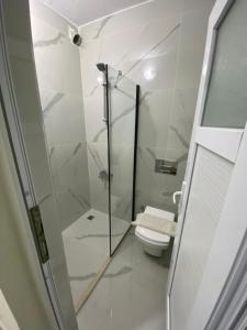 a bathroom with a shower and a toilet at Beyoglu Pansiyon in Patara