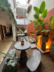 um quarto com uma mesa e um monte de plantas em Leclerc Hotel Boutique Cali Granada em Cali