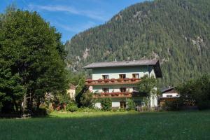 a house in the middle of a field with a mountain at Pension Jägerhof in Mallnitz