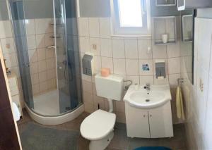 a bathroom with a toilet and a shower and a sink at Island paradise Lavdara in Sali