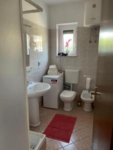 bagno con lavandino, servizi igienici e specchio di Apartment Kati a Crikvenica