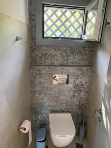 uma pequena casa de banho com um WC e uma janela em ANAX SUITE em Pera Gyalos