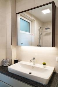 ein Badezimmer mit einem weißen Waschbecken und einem Spiegel in der Unterkunft Urlaubsoase Hügelperle in Bad Gleichenberg