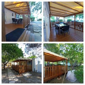 three pictures of a porch with awning on a deck at Camping les dunes de Contis 3* grand emplacement ombragé et calme in Saint-Julien-en-Born