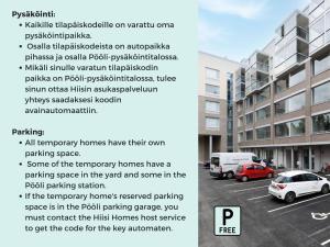a screenshot of a flyer with a car parked in a parking lot at Hiisi Homes Hämeenlinna Asemanranta in Hämeenlinna