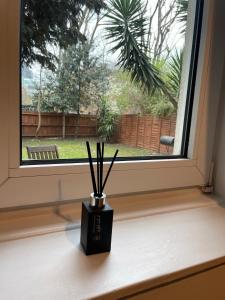 a vase sitting on a window sill in front of a window at Garden Flat in London