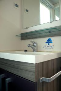 a bathroom with a sink and a mirror at Mobilhome «La mouette rieuse» * 6 personnes *Climatisatisé *2 Chambres in Sigean