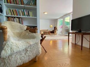 ein Wohnzimmer mit einem Sofa und einem TV in der Unterkunft Ferienwohnung Heide-Tukkul in Hermannsburg