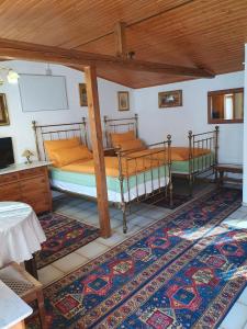2 camas en una habitación con alfombra en Doppelzimmer / Landhaus Ederlust Heilungsräume e.V. en Hatzfeld