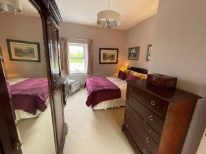 a bedroom with two beds and a dresser and a mirror at The Cottage at Riverbank in Ballinamallard