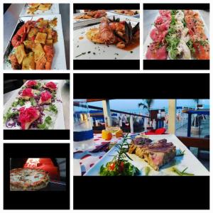 un collage di diverse immagini di alimenti su piatti di Lido Venere Case Vacanze a Metaponto
