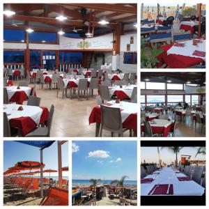 un collage de fotos de un restaurante con mesas y sillas en Lido Venere Case Vacanze, en Metaponto