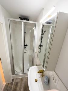 a bathroom with a shower and a sink at Messe-Apartment für 5 Gäste mit Balkon und Lift in Hannover