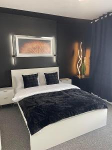 a bedroom with a bed with a black wall at Flat 1 in Lampeter