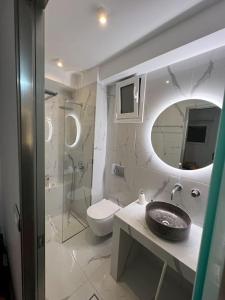 een badkamer met een wastafel, een toilet en een spiegel bij Mikro Petrino in Vóthon