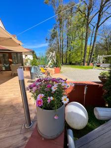 a large pot of flowers on a patio at Pod Platanem Gliwice in Gliwice