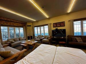 a living room with a couch and a television at Oak Farm مزرعة البلوط in Ajloun