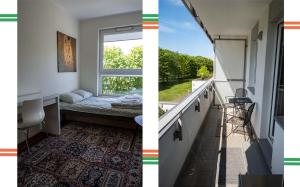 two images of a room with a window and a balcony at Apartament Alma in Gdańsk