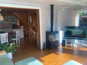 sala de estar con chimenea y TV en Houten chalet/bungalow in het bos, sauna, jacuzzi, en Meijel