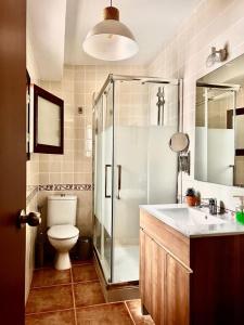 ein Bad mit einer Dusche, einem WC und einem Waschbecken in der Unterkunft CR "Calle Real" en la Sierra de Gredos in Villanueva de la Vera