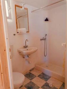y baño con lavabo, aseo y espejo. en Naxos Mountain Retreat - Tiny House Build on Rock en Kóronos