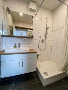 a bathroom with a sink and a shower at FEWO Alex in Oberstaufen