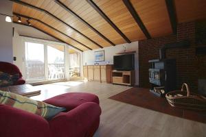 un salon avec un canapé et une cheminée dans l'établissement Ferienwohnung Ahrens im Salzmoor, à Müden