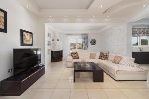 sala de estar con sofá y TV en Marble Pool Villa en Pastida