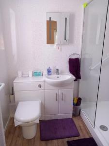a bathroom with a sink and a toilet and a shower at Carron House Holiday Apartments in Skegness
