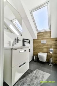 ein Badezimmer mit einem Waschbecken, einem WC und einem Dachfenster in der Unterkunft Liliowa 12 in Dębki