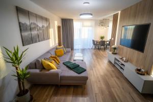 a living room with a couch and a flat screen tv at Po City Newly Built Apartment in Prešov