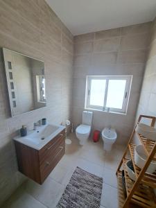 a bathroom with a sink and a toilet and a mirror at the Queen Freddy Penthouse in Taʼ Xbiex