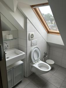 La salle de bains est pourvue d'un lavabo, de toilettes et d'une fenêtre. dans l'établissement M-Hostel, à Lucerne