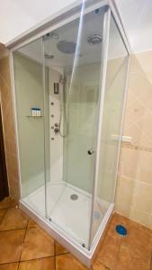 a shower with a glass door in a bathroom at La casa tra gli ulivi di Fonte Nuova 1 in Fonte Nuova