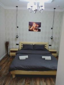 a bedroom with a large bed with two pillows at White House in Bălţi