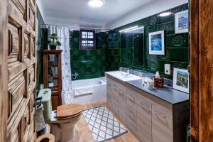 a bathroom with a toilet and a sink and a tub at Masia Mimosa Montaña in Darnius +36 photos