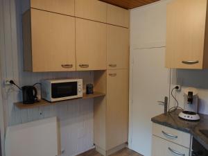 a kitchen with a microwave sitting on a shelf at Charmant appartement à Gérardmer in Gérardmer