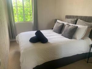 a bedroom with a large bed with blue pillows at Plush 2 bedroom apartment Kingston in Kingston 
