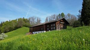 Stara stodoła siedząca na wzgórzu na polu trawy w obiekcie Bergoase Hohenegg w mieście Lingenau