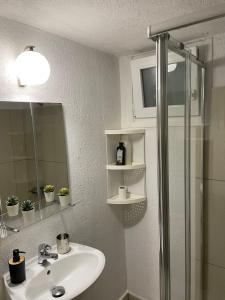 a bathroom with a sink and a shower and a mirror at Pool Guesthouse in Korinthos