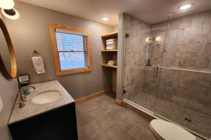 a bathroom with a shower and a sink and a toilet at Good Hart Haven in Harbor Springs +25 photos