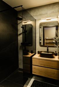 a bathroom with a sink and a mirror at Black Velvet Apartman in Sisak