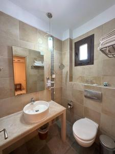 een badkamer met een wastafel, een toilet en een spiegel bij Hotel Afrodite in Nei Poroi