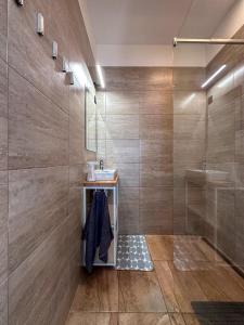 a bathroom with a shower and a sink at Tűlevél Apartman in Siófok