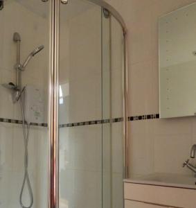 La salle de bains est pourvue d'une douche avec une porte en verre. dans l'établissement Nature's Oasis: Pet-Friendly Snowdonia Cottage, à Trawsfynydd