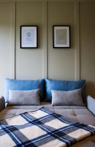kanapę z dwoma poduszkami i dwa zdjęcia na ścianie w obiekcie Saul Lodges 